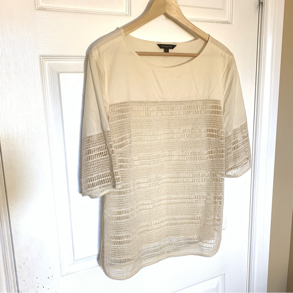 Banana Republic Cream Lace Knit Blouse Top Large Boho Career